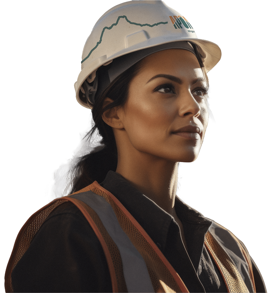 Mulher com colete e capacete de obra.